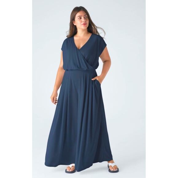 NWT Halara Wide Leg Waffle Jumpsuit Women's XL Tall Blue V-neck Short Sleeve - Picture 1 of 10